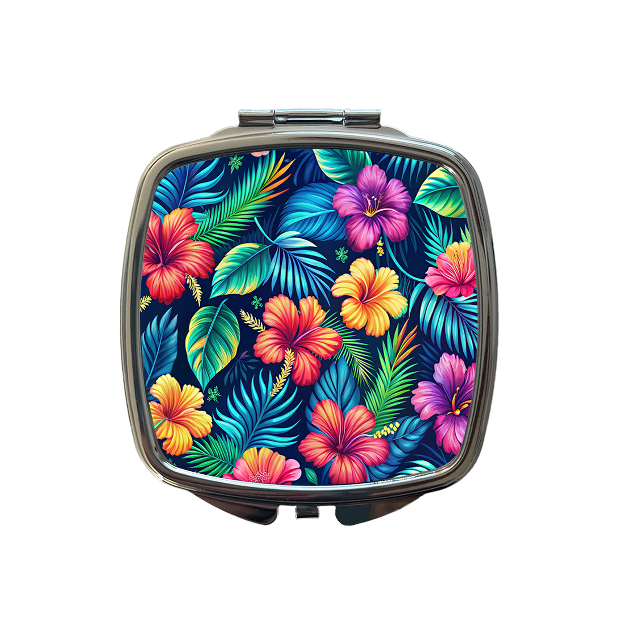 Tropical Neon Hibiscus Floral Pattern Small Travel Purse Handbag Pocket Makeup Compact Mirror