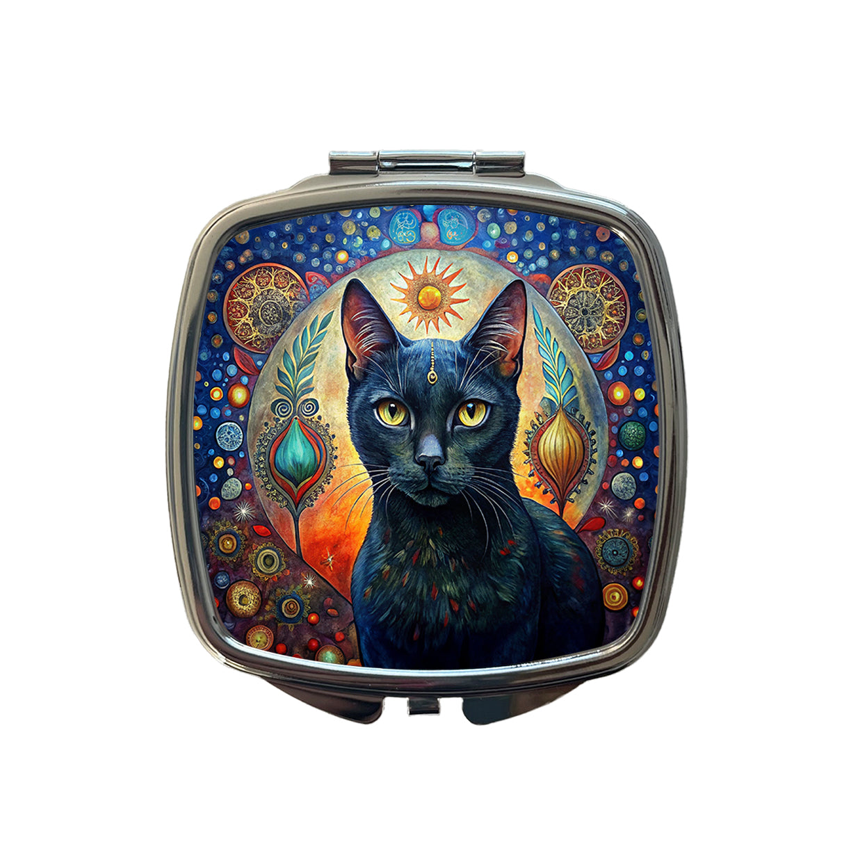Black Cat Bohemian Art Small Travel Purse Handbag Pocket Makeup Compact Mirror