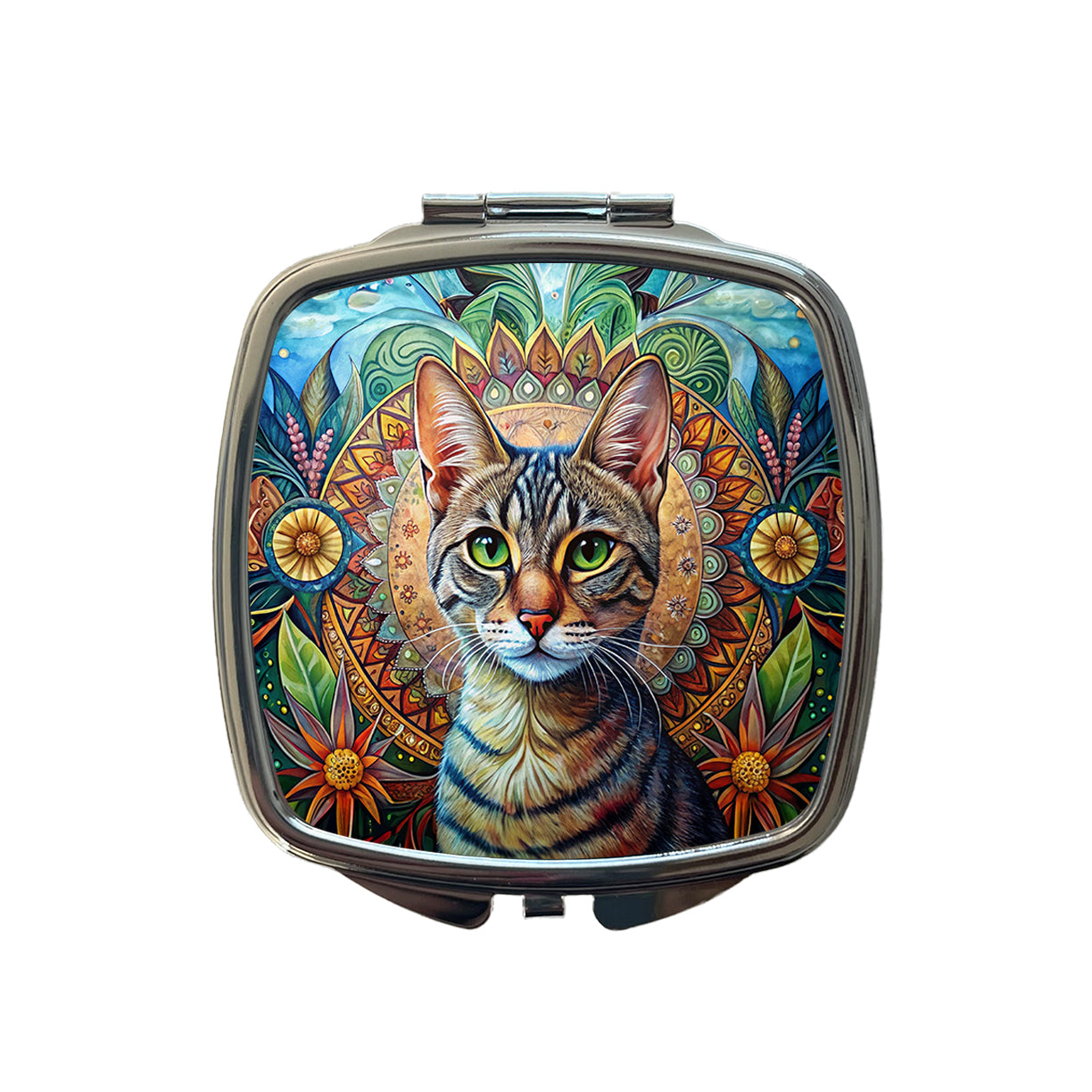 Tabby Cat Bohemian Art Small Travel Purse Handbag Pocket Makeup Compact Mirror
