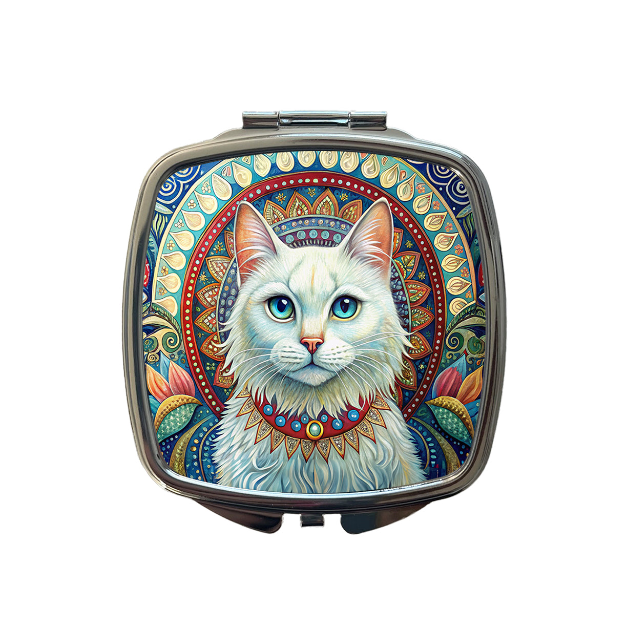 White Cat Bohemian Art Small Travel Purse Handbag Pocket Makeup Compact Mirror