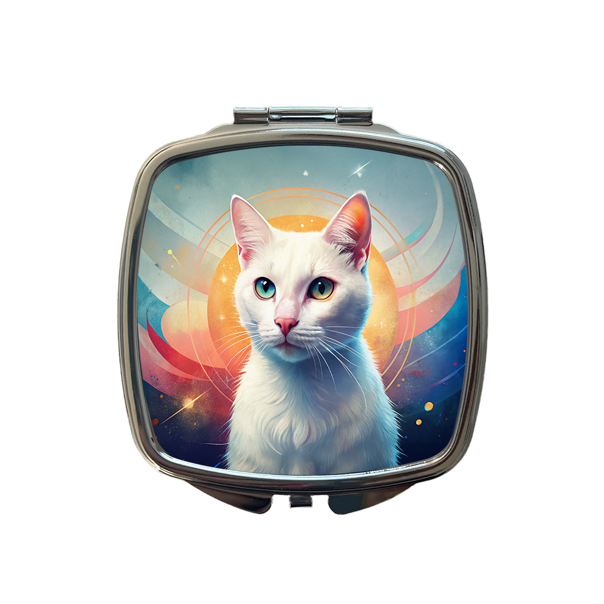 White Cat Contemporary Art Small Travel Purse Handbag Pocket Makeup Compact Mirror