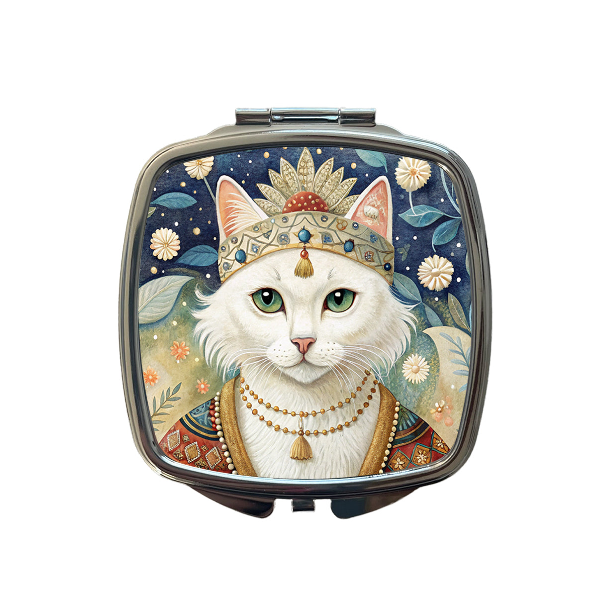 White Cat French Bohemian Art Small Travel Purse Handbag Pocket Makeup Compact Mirror