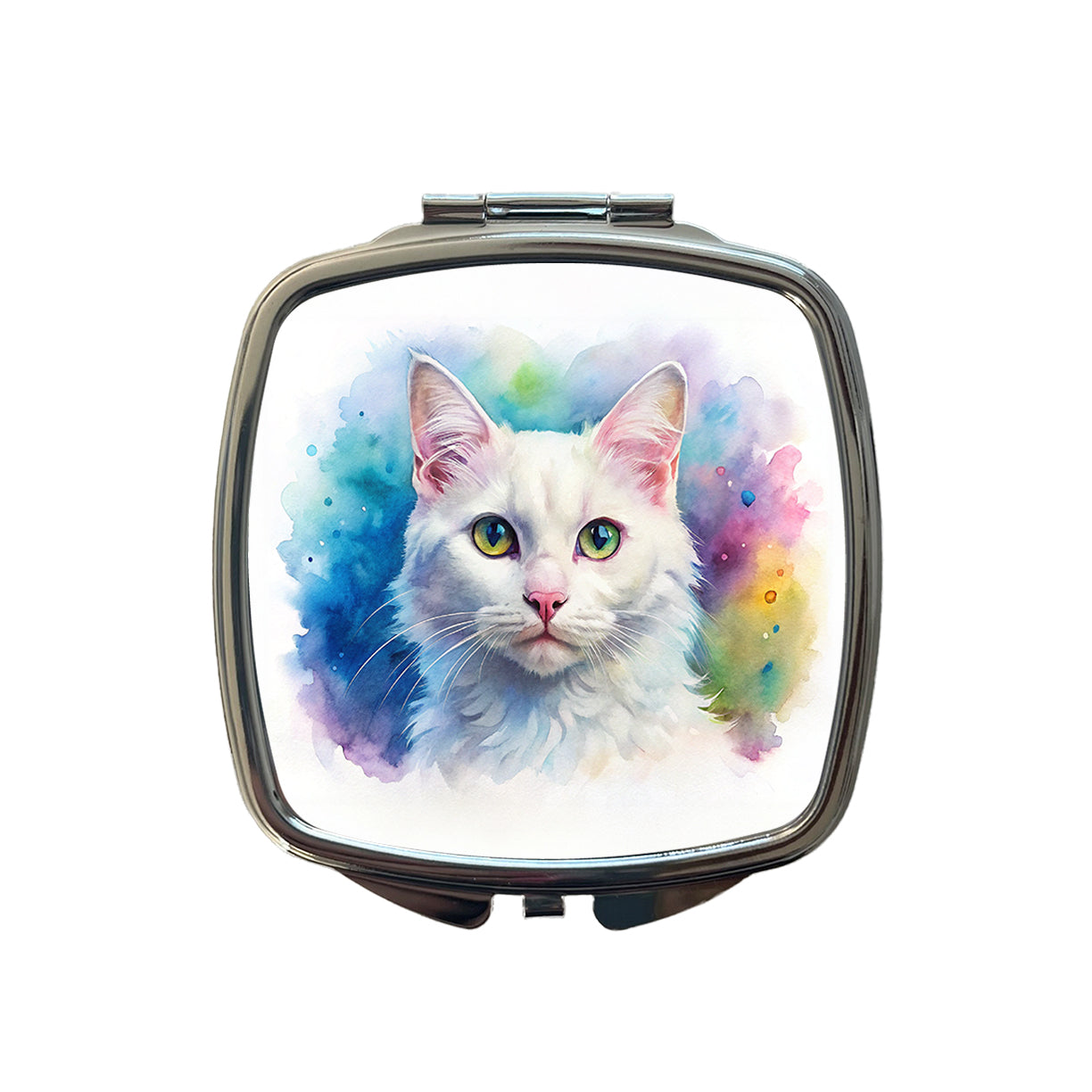 White Cat Watercolor Style Small Travel Purse Handbag Pocket Makeup Compact Mirror
