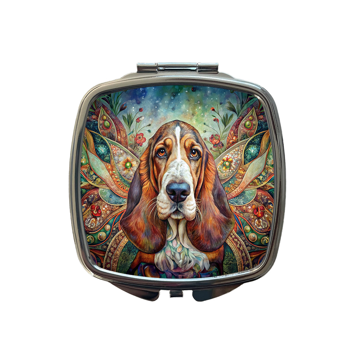 Basset Hound Dog Bohemian Art Small Travel Purse Handbag Pocket Makeup Compact Mirror