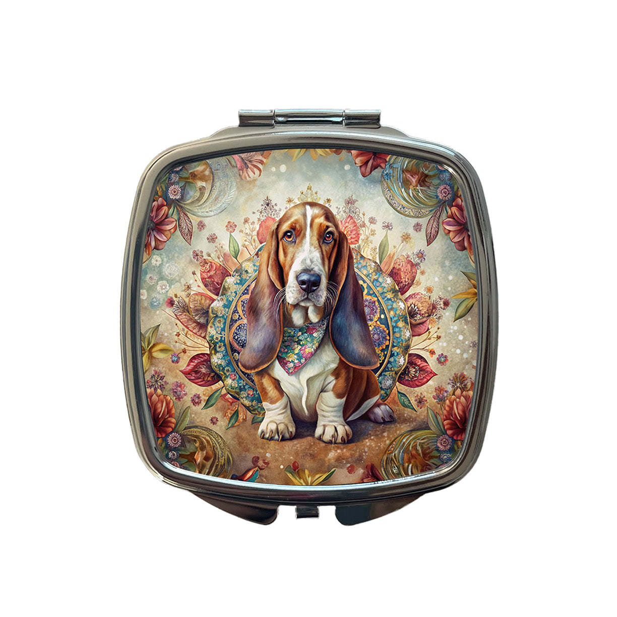 Basset Hound Dog French Bohemian Art Small Travel Purse Handbag Pocket Makeup Compact Mirror