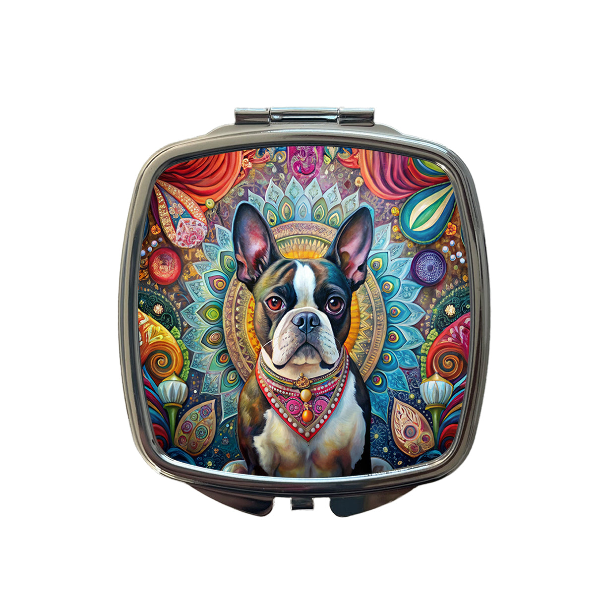 Boston Terrier Dog Bohemian Art Small Travel Purse Handbag Pocket Makeup Compact Mirror