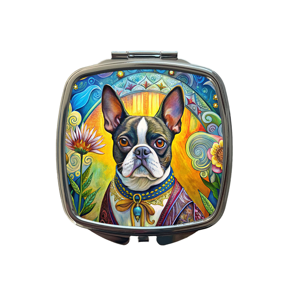 Boston Terrier Dog French Bohemian Art Small Travel Purse Handbag Pocket Makeup Compact Mirror
