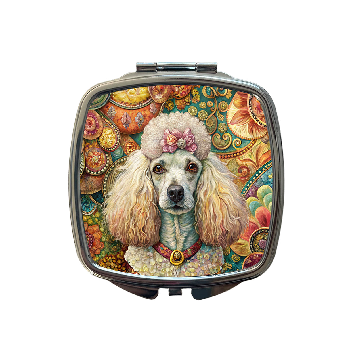 Poodle Dog French Bohemian Art Small Travel Purse Handbag Pocket Makeup Compact Mirror