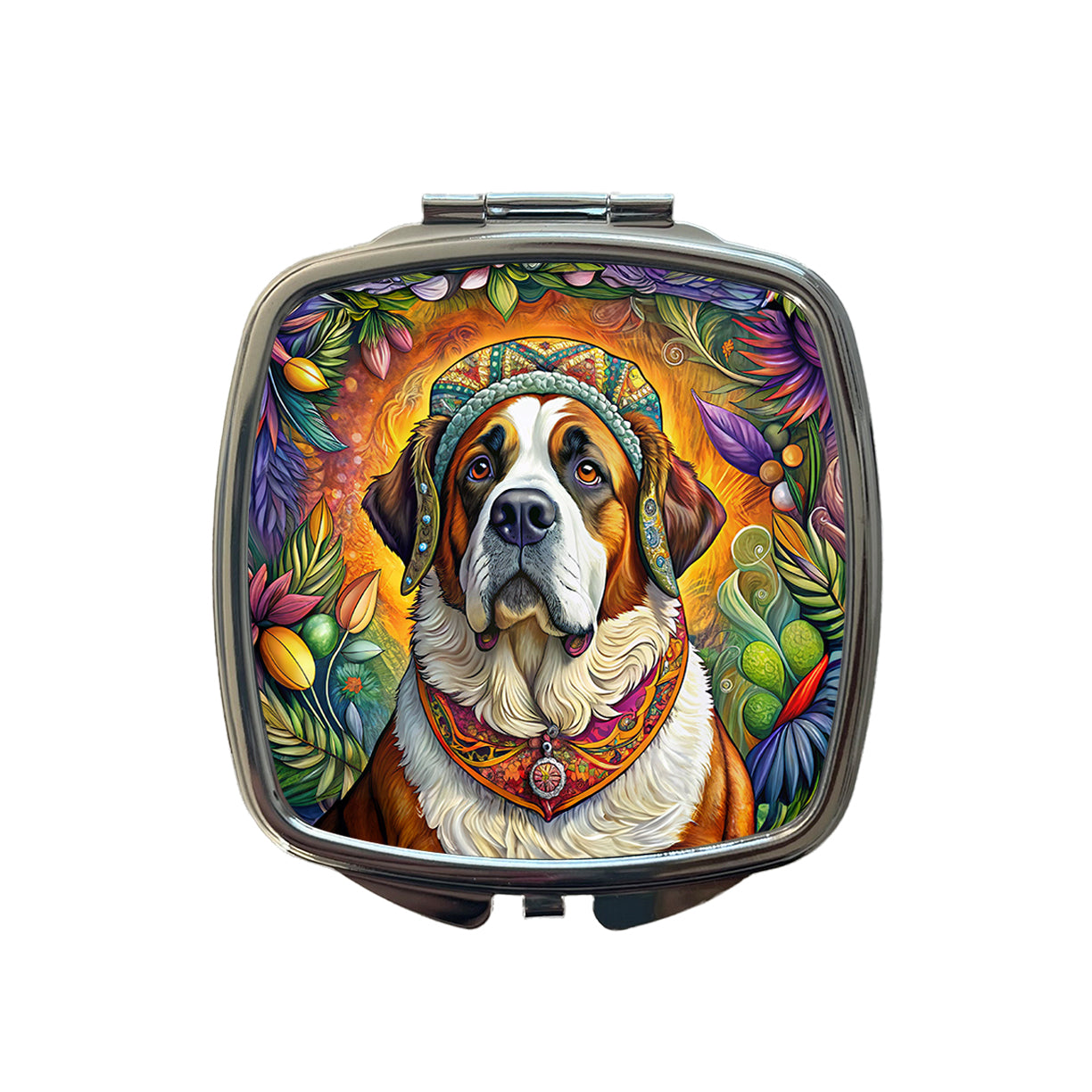 Saint Bernard Dog French Bohemian Art Small Travel Purse Handbag Pocket Makeup Compact Mirror