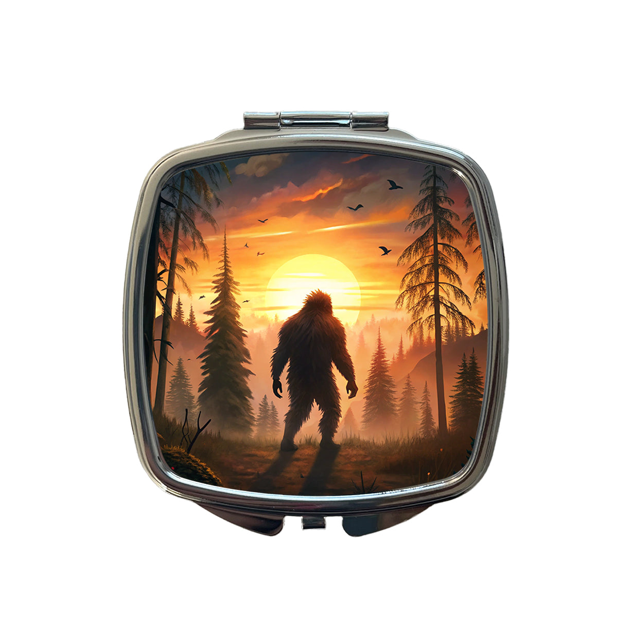 Bigfoot Walking In The Woods At Sunset Small Travel Purse Handbag Pocket Makeup Compact Mirror