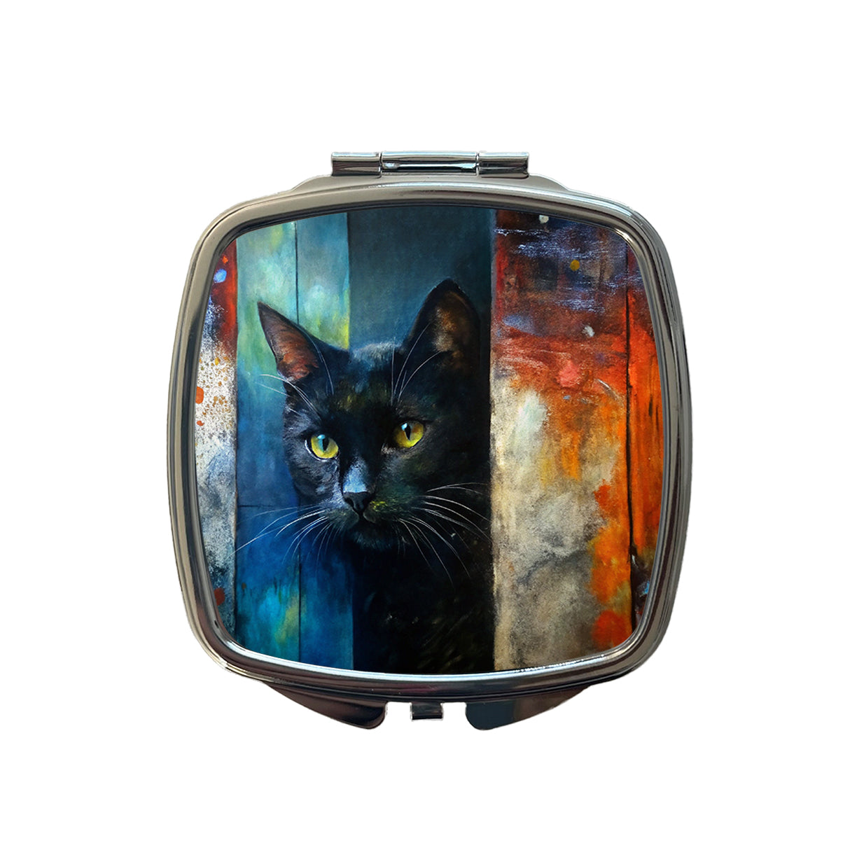 Black Cat Peaking Behind Door Abstract Art Small Travel Purse Handbag Pocket Makeup Compact Mirror