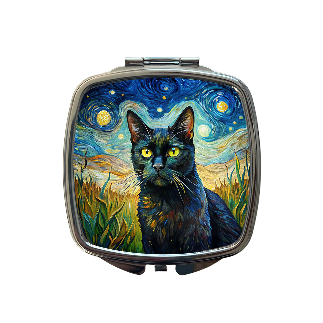 Black Cat Van Gogh Style Painting Small Travel Purse Handbag Pocket Makeup Compact Mirror