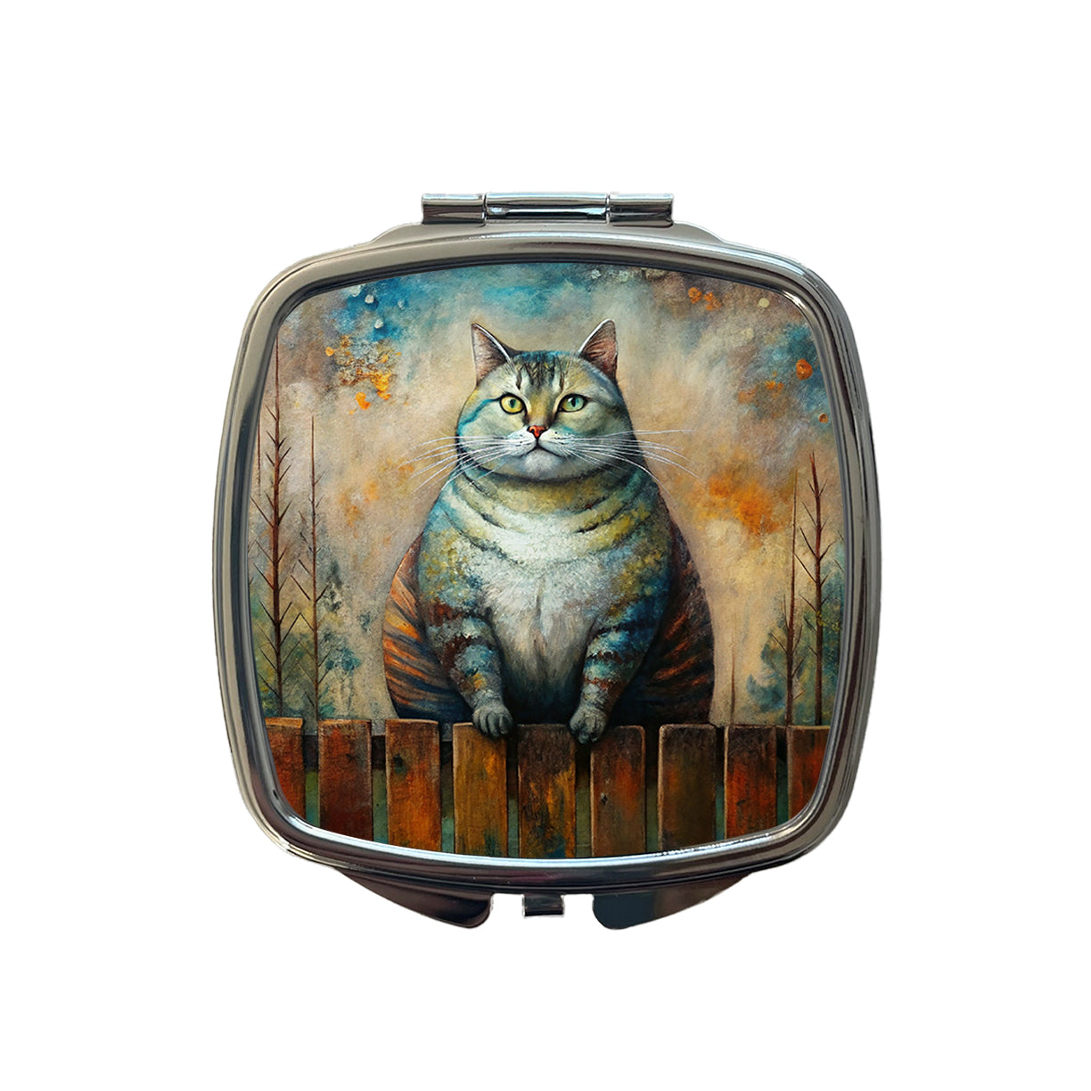 Fat Chunky Alley Cat Sitting On Fence Abstract Art Small Travel Purse Handbag Pocket Makeup Compact Mirror