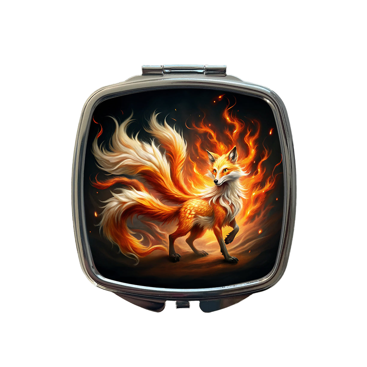 Flaming Fire Fox Kitsune Spirit Animal Small Travel Purse Handbag Pocket Makeup Compact Mirror