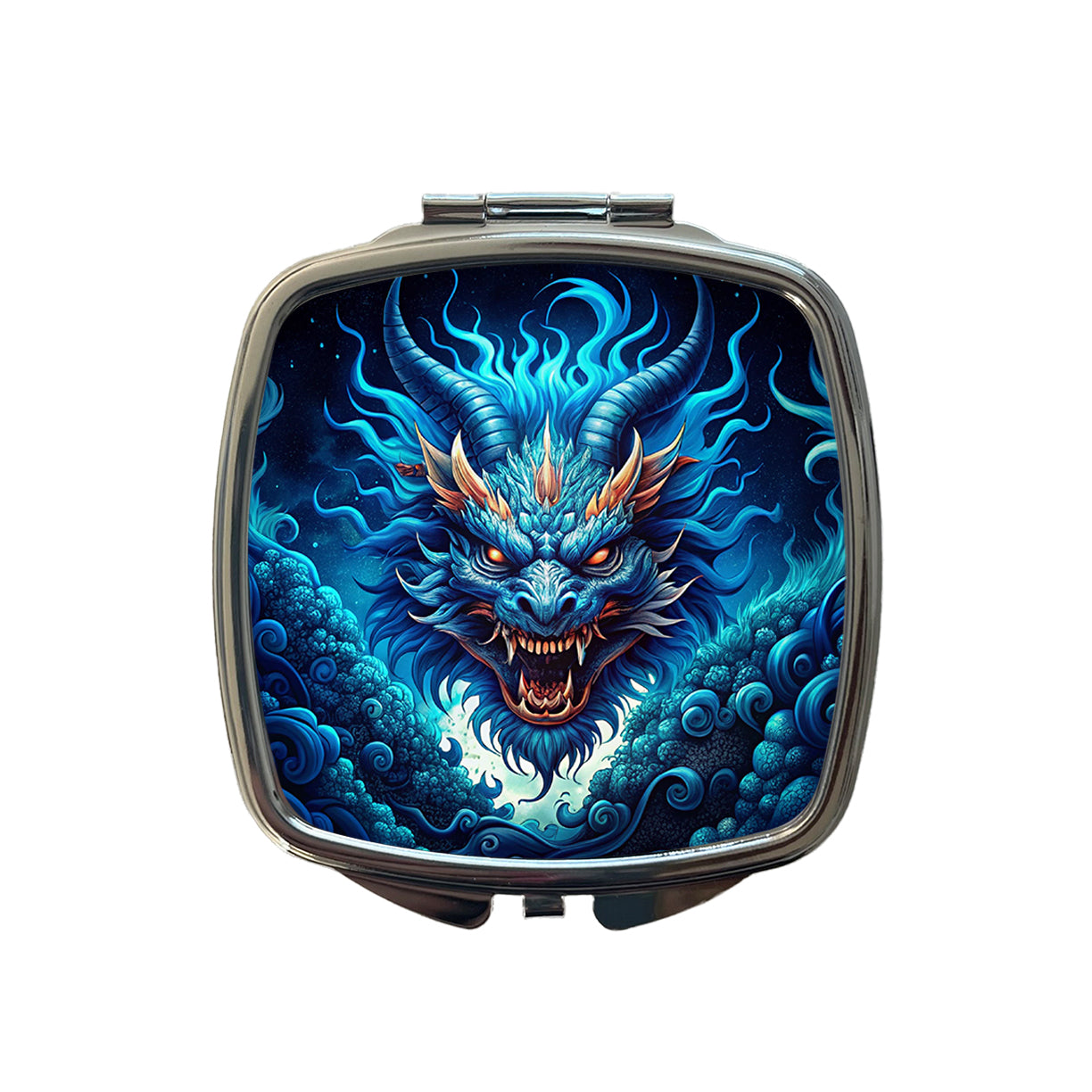 Japanese Asian Blue Spirit Dragon Art Small Travel Purse Handbag Pocket Makeup Compact Mirror