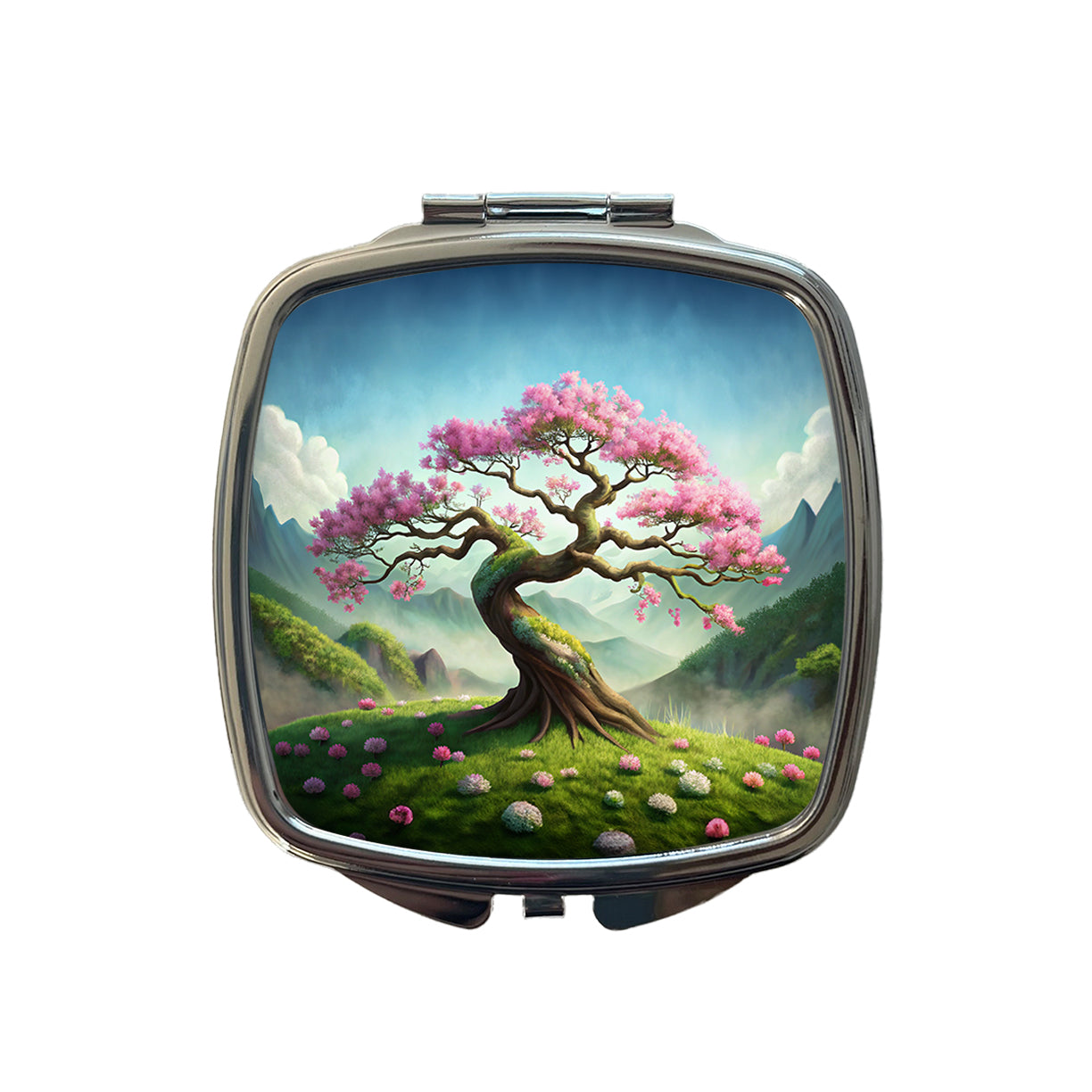 Japanese Bonsai Tree With Pink Flowers On Hillside Small Travel Purse Handbag Pocket Makeup Compact Mirror