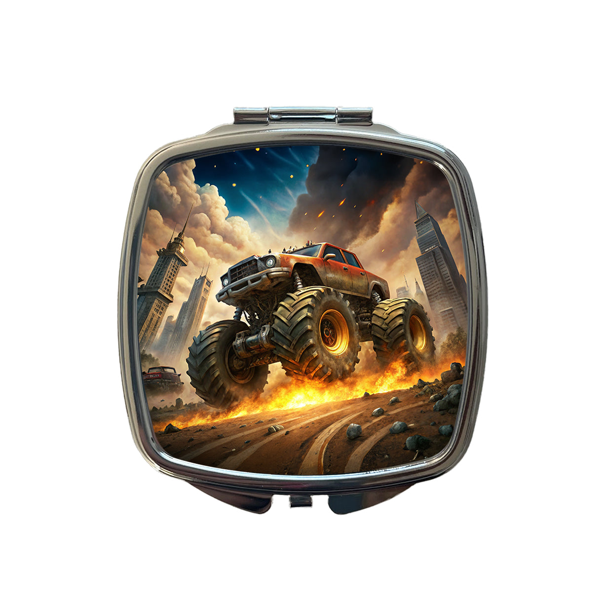 Monster Off-Road Truck Demolishing Cars Small Travel Purse Handbag Pocket Makeup Compact Mirror