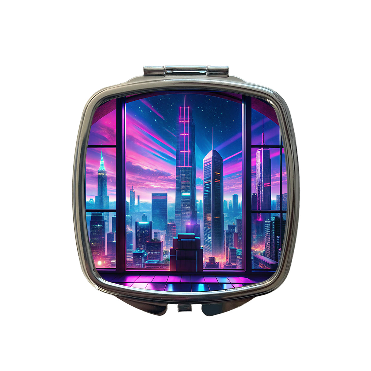 Neon Cityscape As Seen Through Skyscraper Window Purple Blue Small Travel Purse Handbag Pocket Makeup Compact Mirror