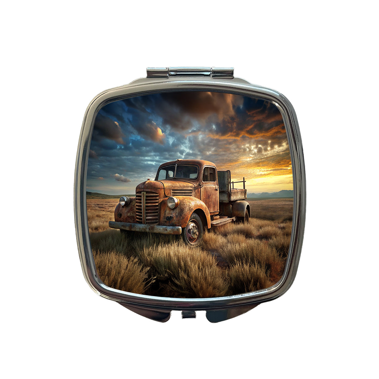 Old Rusted Retro Classic Truck Sitting In Field Small Travel Purse Handbag Pocket Makeup Compact Mirror