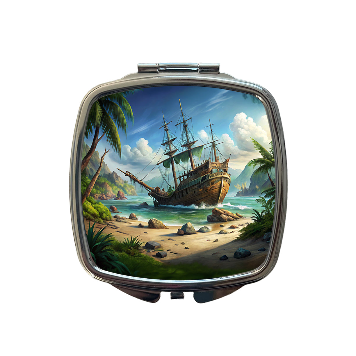 Pirate Sailing Ship Shipwreck Small Travel Purse Handbag Pocket Makeup Compact Mirror