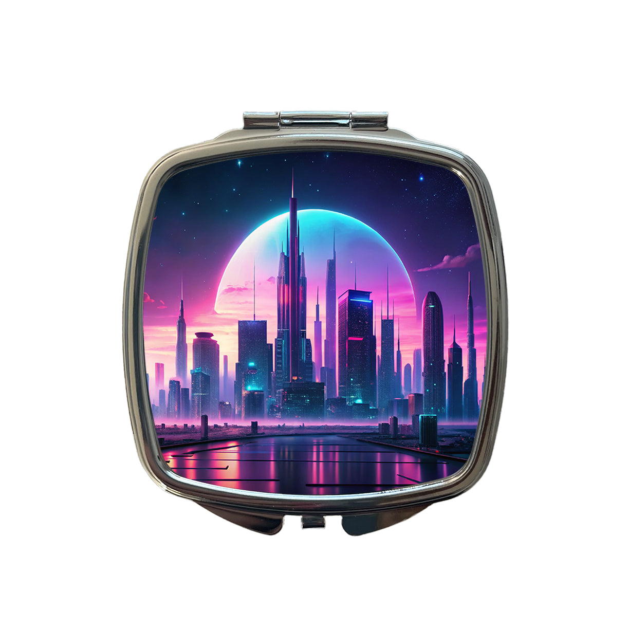 Purple Neon Sci-fi City Horizon Small Travel Purse Handbag Pocket Makeup Compact Mirror