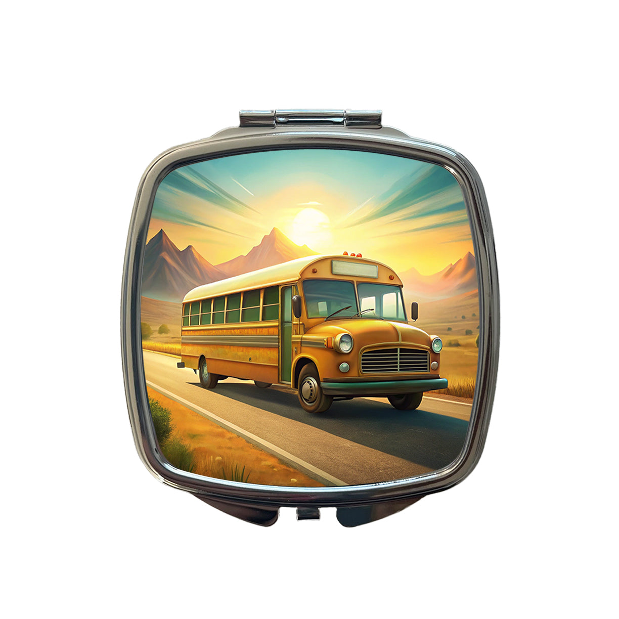 Retro School Bus On Road Small Travel Purse Handbag Pocket Makeup Compact Mirror