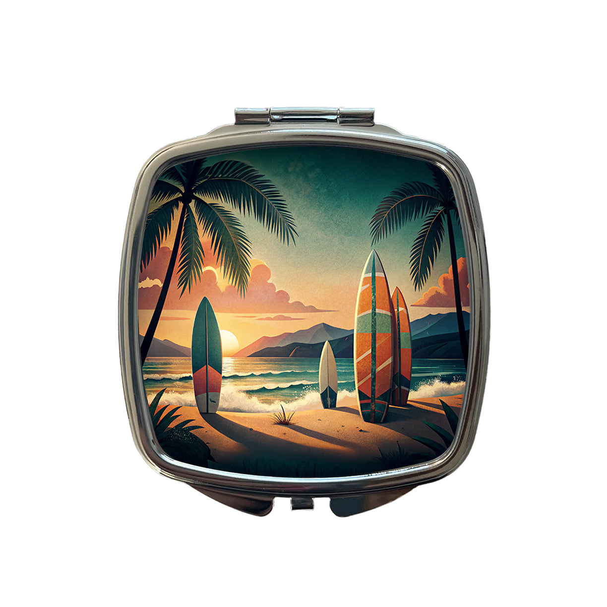 Retro Surfboards On Beach Tropical Sunset Illustration Small Travel Purse Handbag Pocket Makeup Compact Mirror