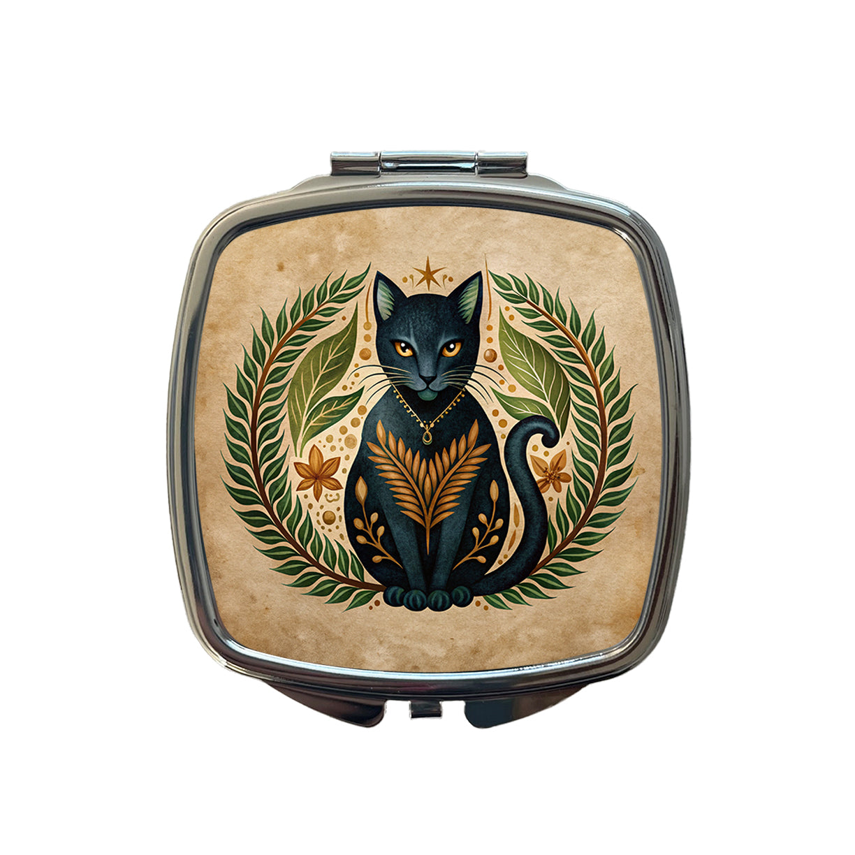 Stylized Black Cat Illustration Leaf Design Small Travel Purse Handbag Pocket Makeup Compact Mirror