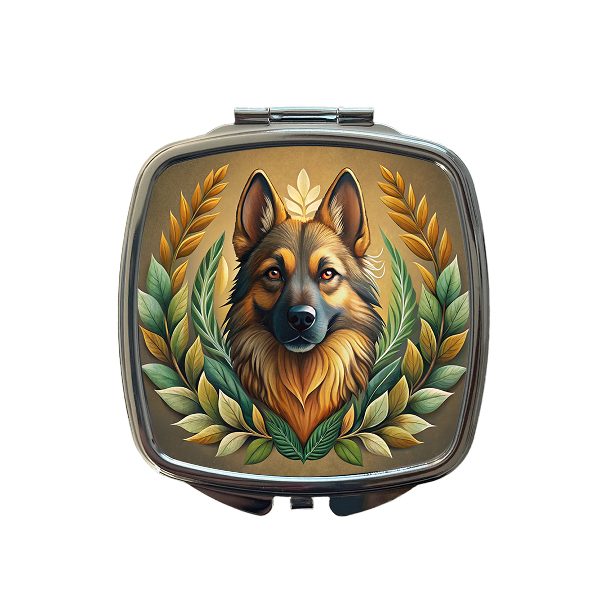 Stylized German Shepherd Illustration Leaf Design Small Travel Purse Handbag Pocket Makeup Compact Mirror