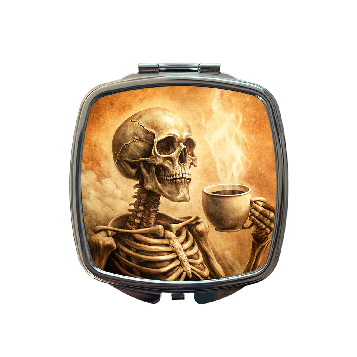 Vintage Skeleton Holding Cup Of Coffee Retro Small Travel Purse Handbag Pocket Makeup Compact Mirror