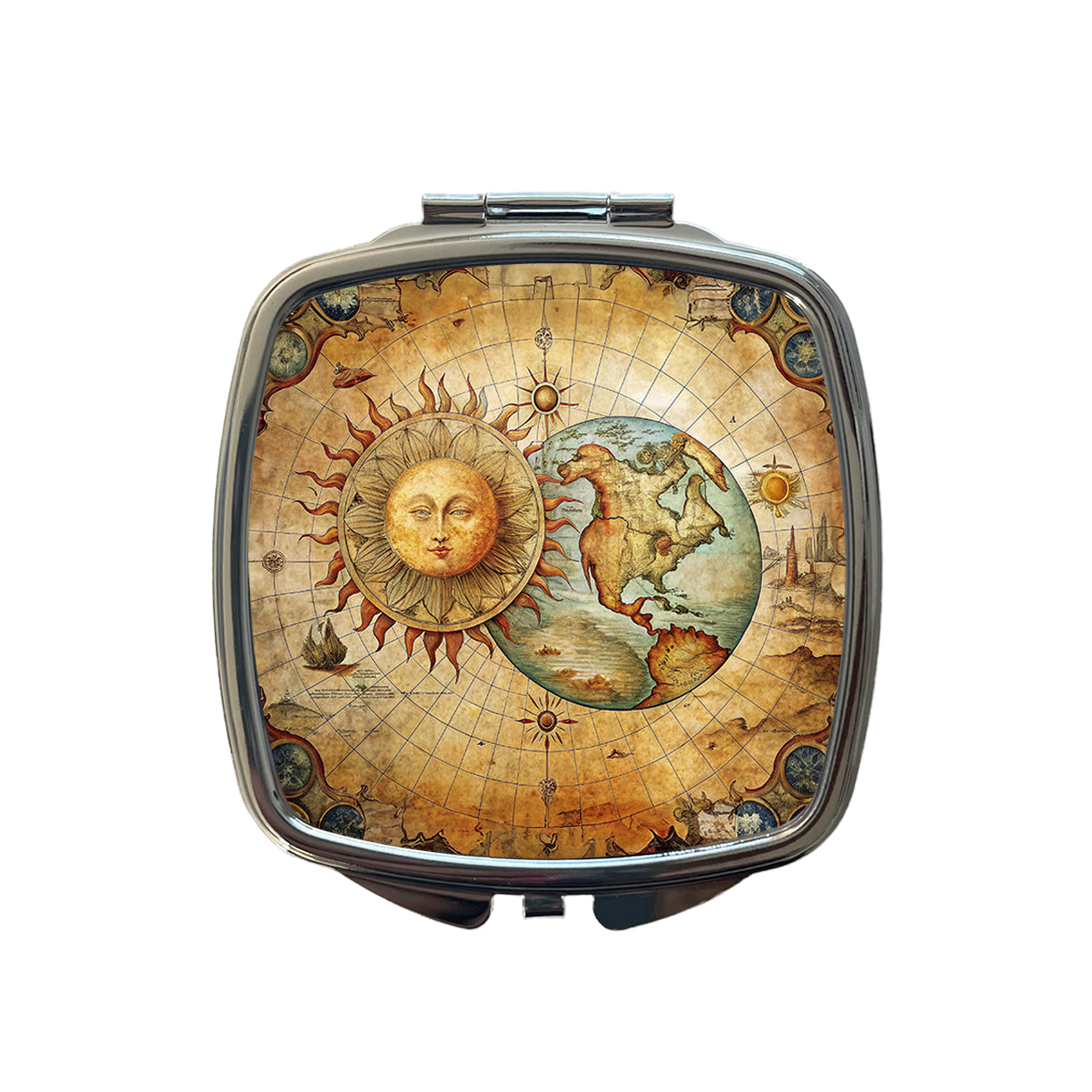 Vintage Sun Moon Map Small Travel Purse Handbag Pocket Makeup Compact Mirror