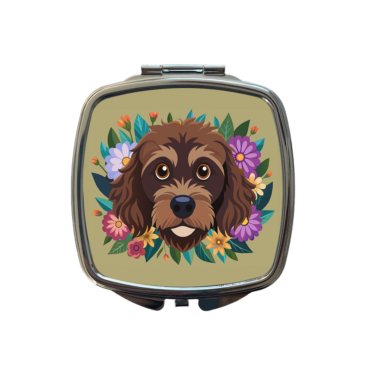 Brown Labradoodle Head Floral Motif Dog Cute Small Travel Purse Handbag Pocket Makeup Compact Mirror