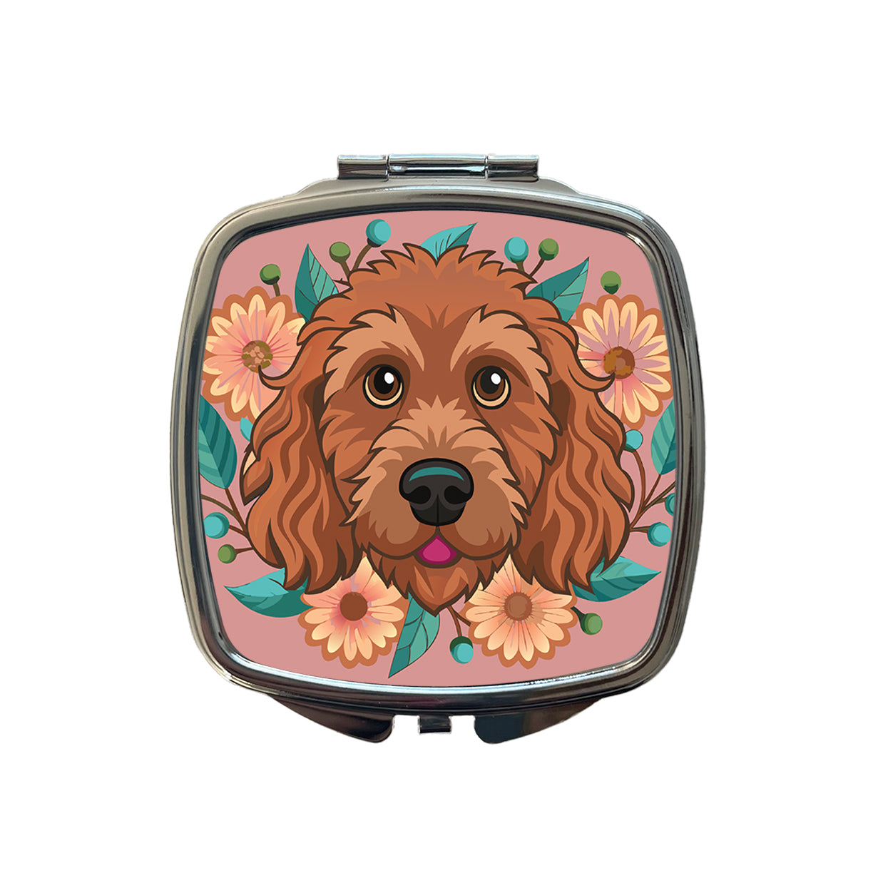 Brown Labradoodle Head Floral Motif Dog Pink Background Small Travel Purse Handbag Pocket Makeup Compact Mirror