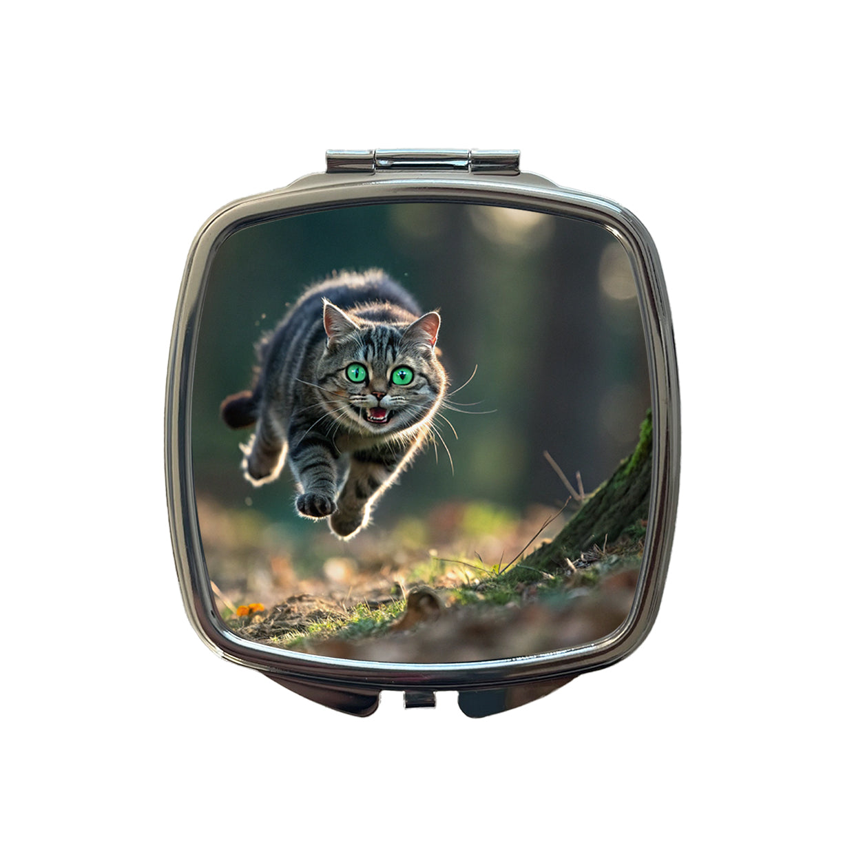 Cat Leaping Green Eyes Funny Small Travel Purse Handbag Pocket Makeup Compact Mirror