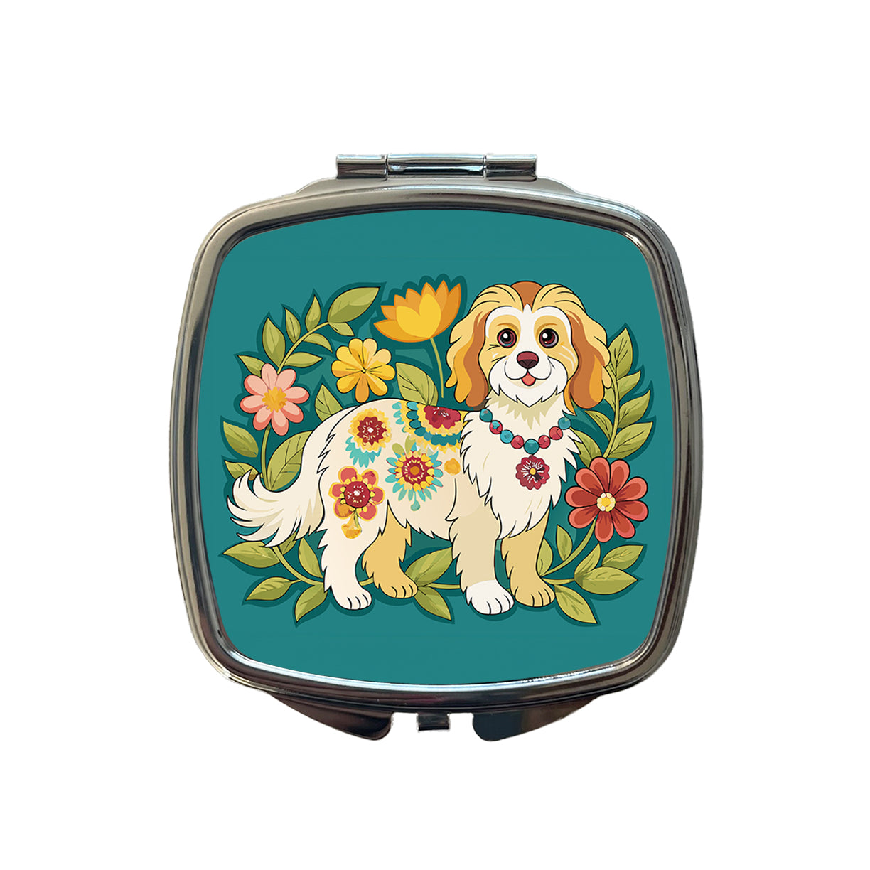Cavachon Floral Motif Dog Cute Small Travel Purse Handbag Pocket Makeup Compact Mirror