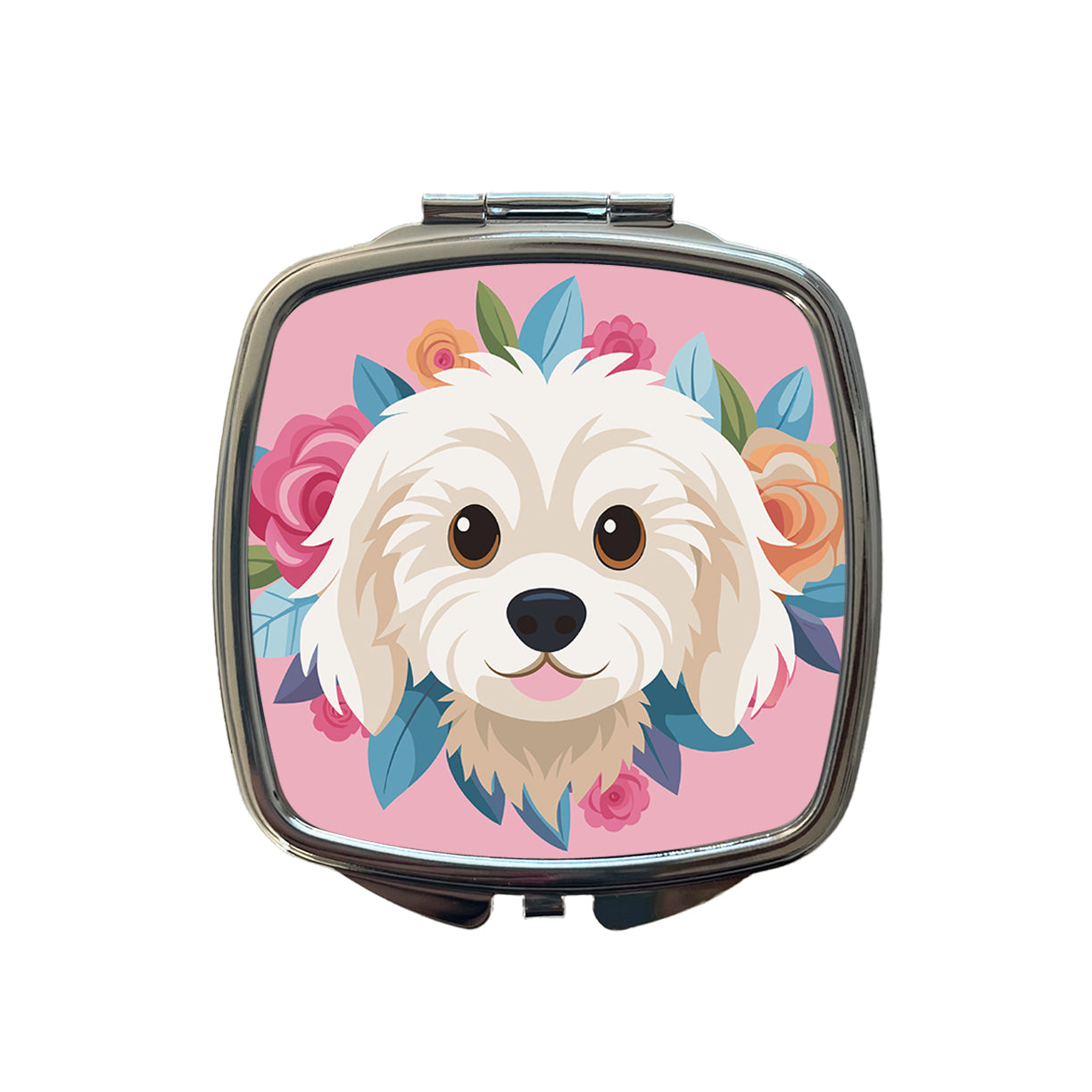 Cavachon Head Dog Floral Motif Pink Background Small Travel Purse Handbag Pocket Makeup Compact Mirror