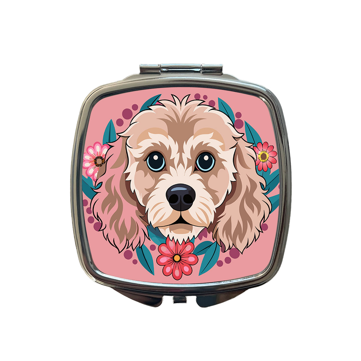 Cavapoo Head Floral Motif Pink Dog Small Travel Purse Handbag Pocket Makeup Compact Mirror