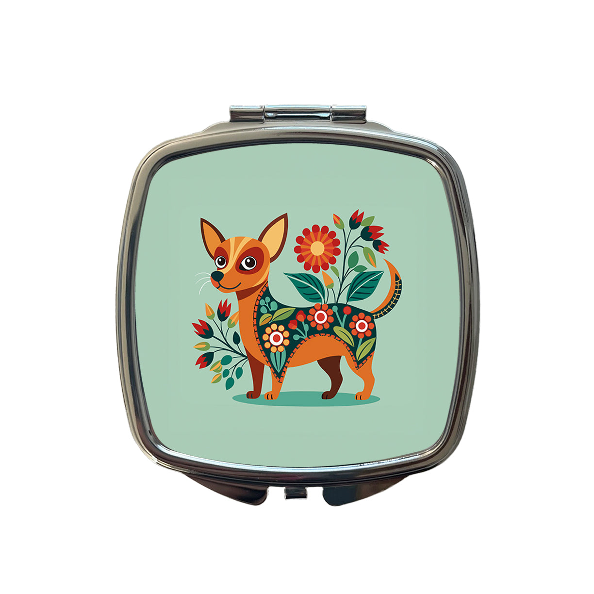 Chiweenie Floral Motif Cute Dog Small Travel Purse Handbag Pocket Makeup Compact Mirror