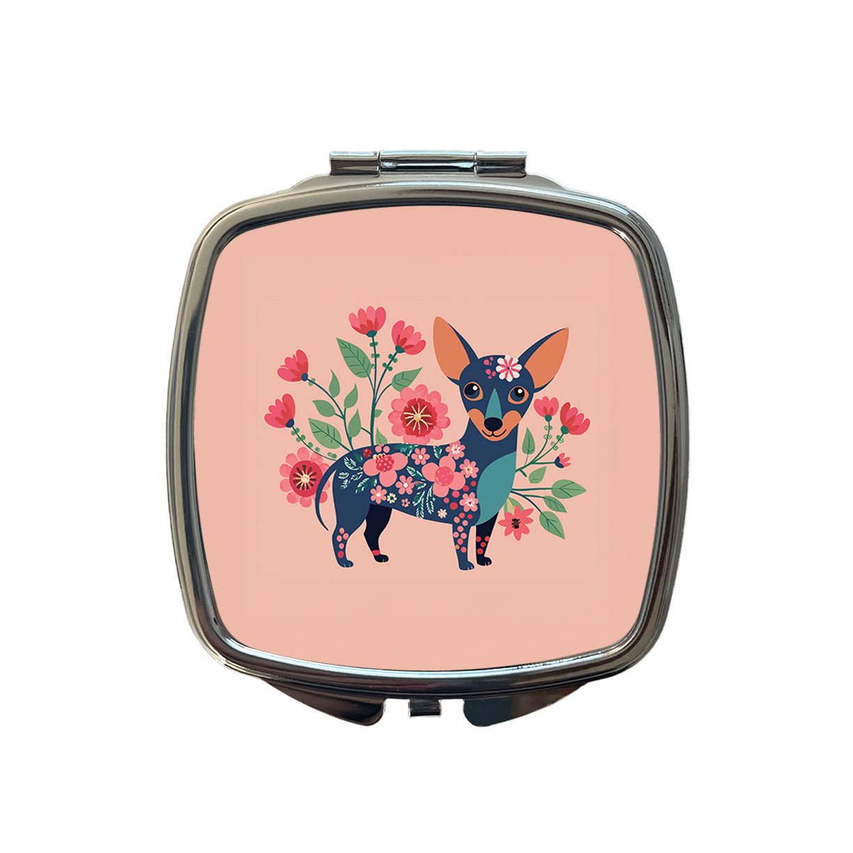Chiweenie Floral Motif Pink Cute Dog Small Travel Purse Handbag Pocket Makeup Compact Mirror