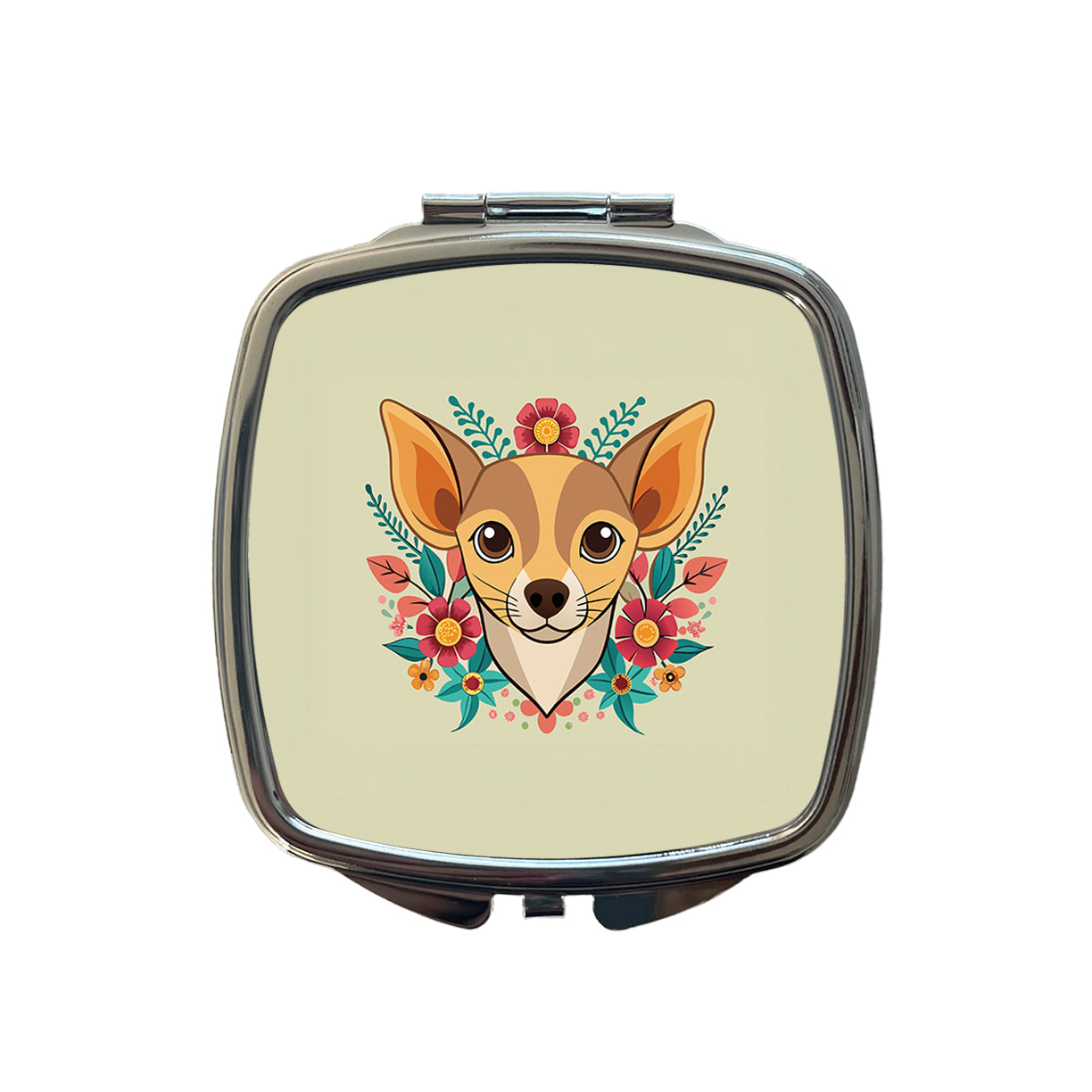 Chiweenie Head Floral Motif Dog Small Travel Purse Handbag Pocket Makeup Compact Mirror