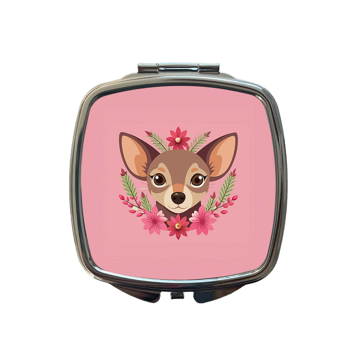 Chiweenie Head Floral Motif Pink Dog Small Travel Purse Handbag Pocket Makeup Compact Mirror