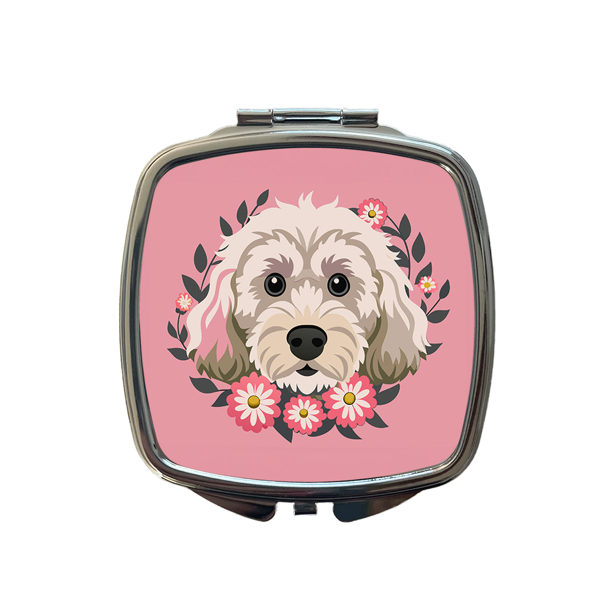 Cockapoo Head Floral Motif Light Pink Dog Small Travel Purse Handbag Pocket Makeup Compact Mirror