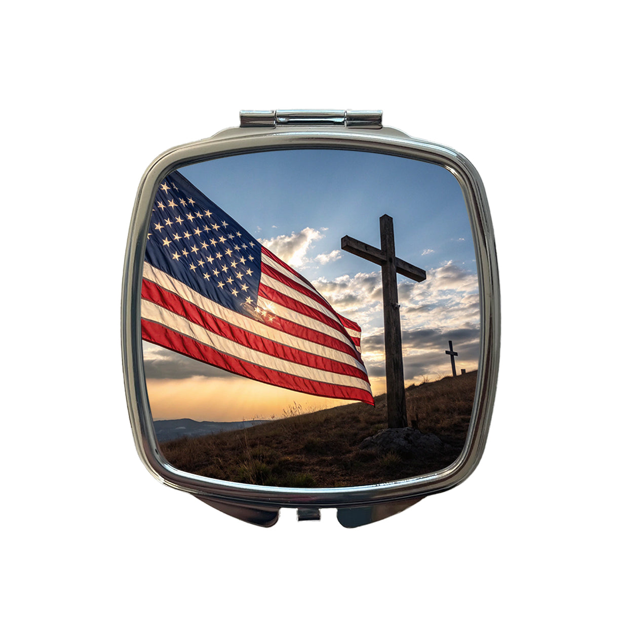 Cross Over American Flag USA United States Religious Small Travel Purse Handbag Pocket Makeup Compact Mirror