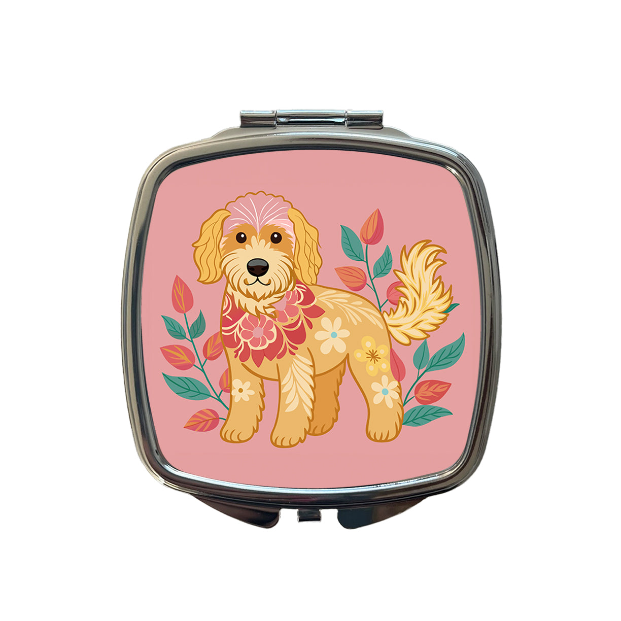 Golden Doodle Floral Motif Pink Dog Small Travel Purse Handbag Pocket Makeup Compact Mirror