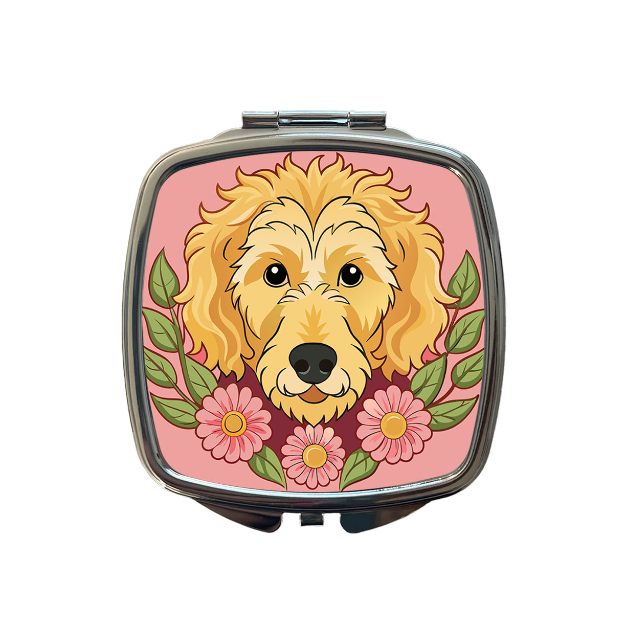 Golden Doodle Head Floral Motif Pink Dog Small Travel Purse Handbag Pocket Makeup Compact Mirror