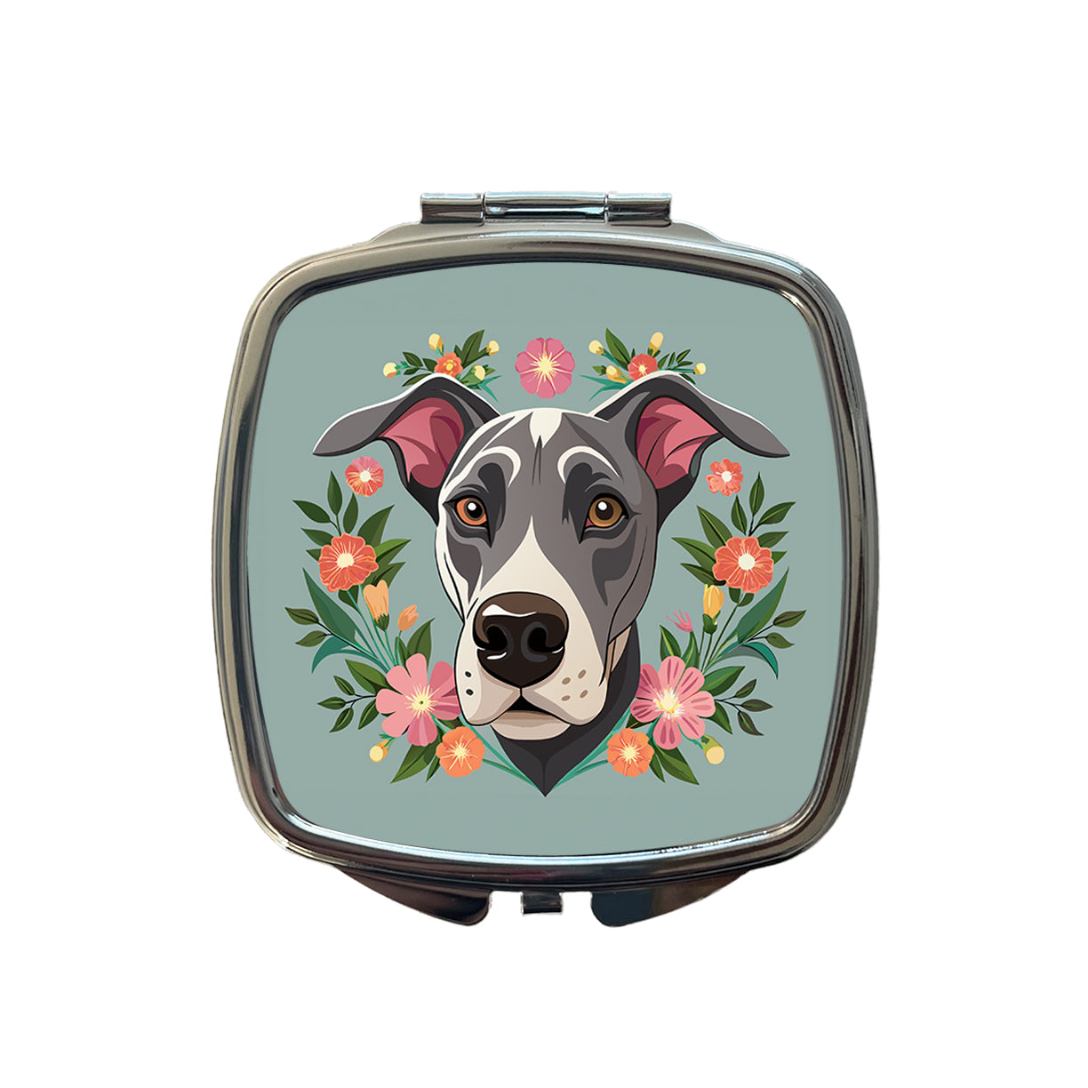 Great Dane Head Floral Motif Gray Dog Small Travel Purse Handbag Pocket Makeup Compact Mirror