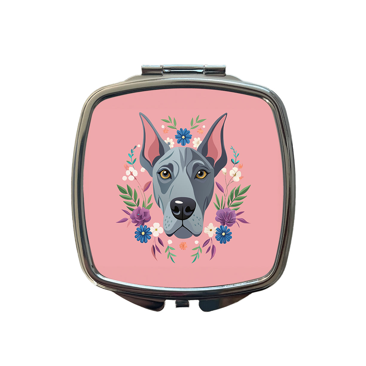 Great Dane Head Floral Motif Pink Dog Small Travel Purse Handbag Pocket Makeup Compact Mirror