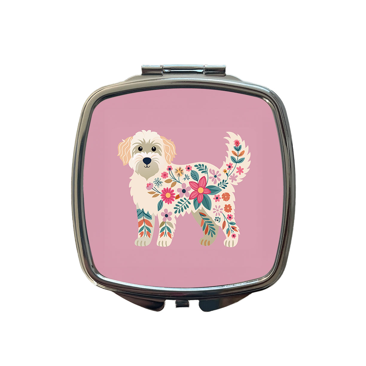 Labradoodle Floral Motif Pink Cute Dog Small Travel Purse Handbag Pocket Makeup Compact Mirror