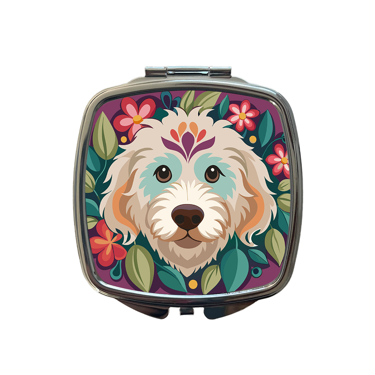 Labradoodle Head Floral Motif Purple Dog Small Travel Purse Handbag Pocket Makeup Compact Mirror