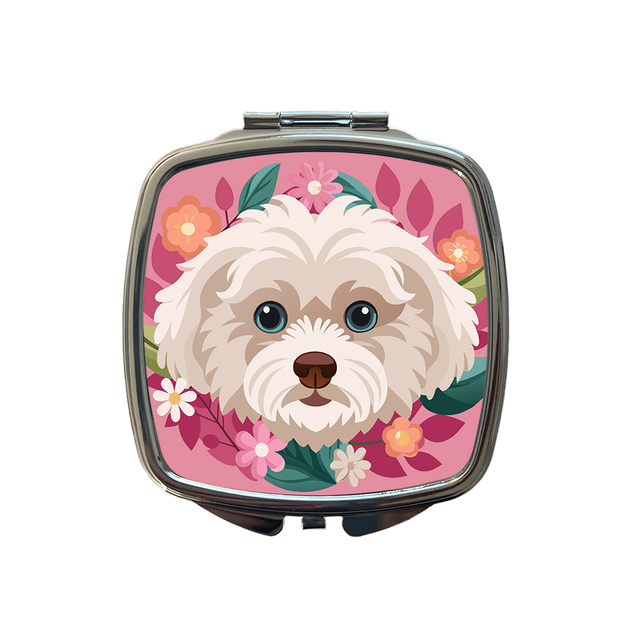 Maltipoo Head Floral Motif Pink Dog Small Travel Purse Handbag Pocket Makeup Compact Mirror